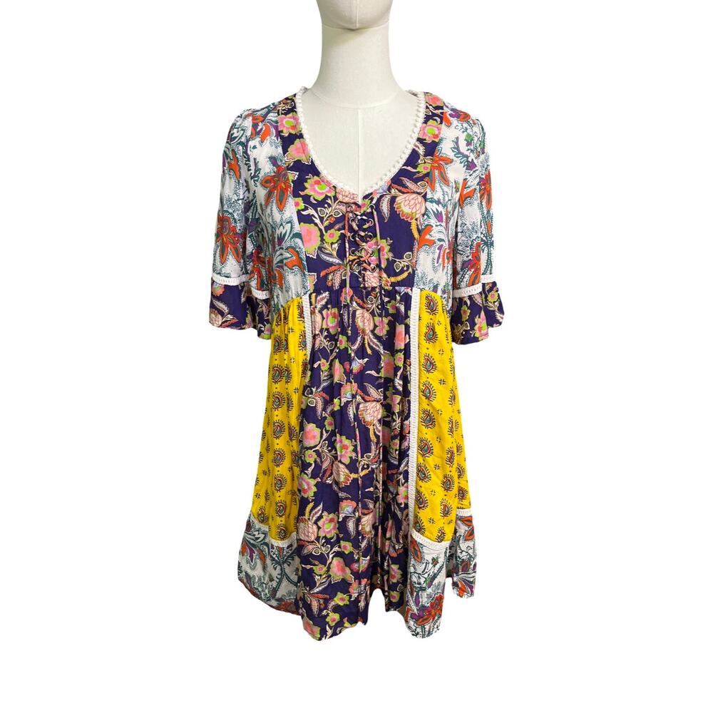 Lika By Anthropologie Patchwork Boho Dress Floral Lace Up Size XS
